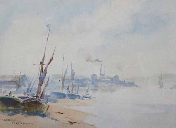 Arthur Gerald Ackermann (1876-1960), watercolour, Beached fishing boats, signed, inscribed to the mount, gallery label verso, 13 x 18cm. Condition - fair to good, some general discolouration
